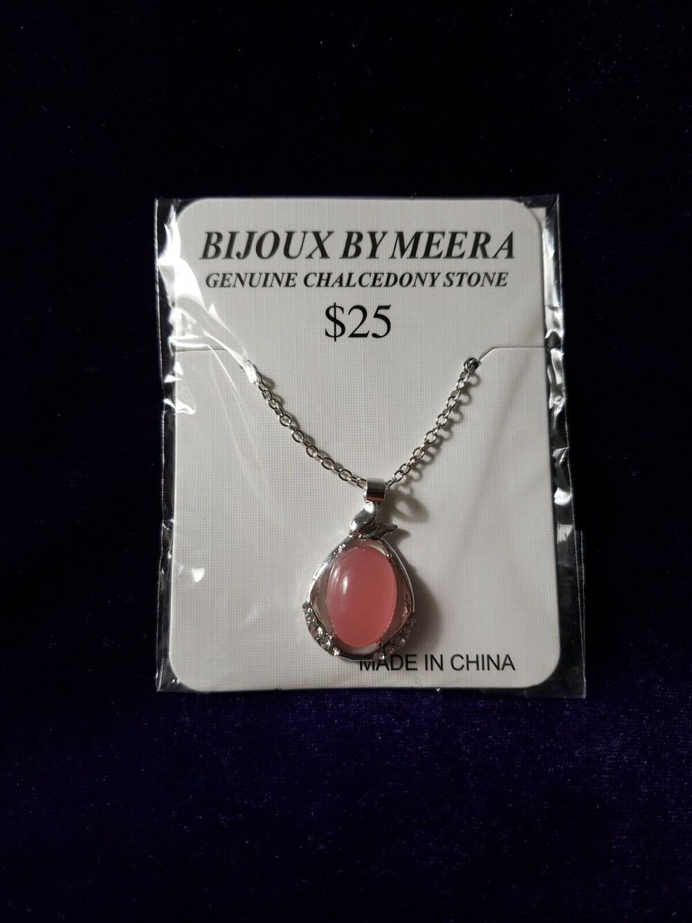 Bijoux by Meera Genuine Pink Chalcedony Stone Pendant Silver Tone Necklace, NWT